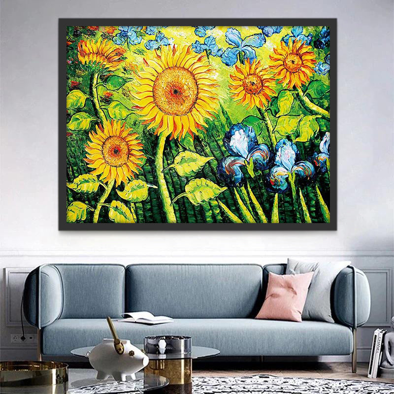 Girasoles y Flores de Iris Azul Pintar por Números