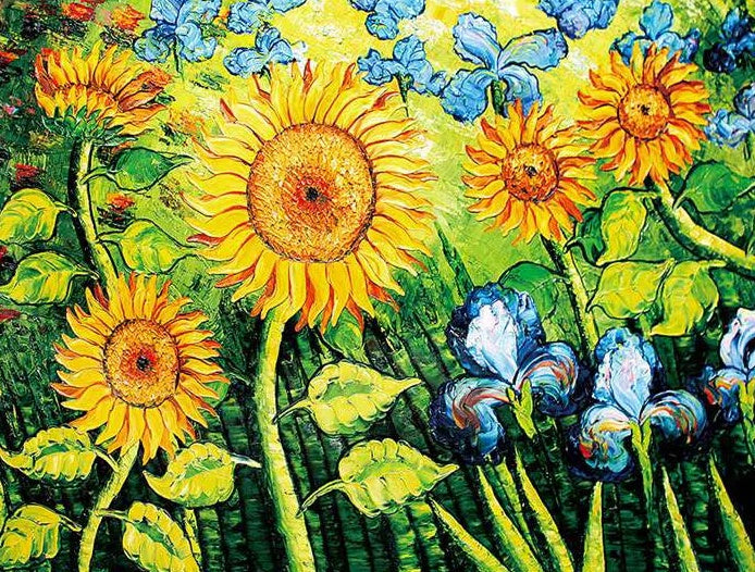 Girasoles y Flores de Iris Azul Pintar por Números