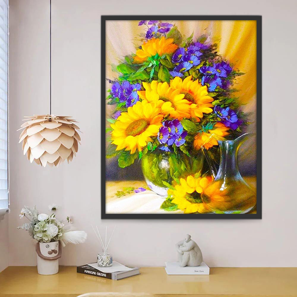 Girasoles y Flores Moradas en Florero de Vidrio Pintar por Números