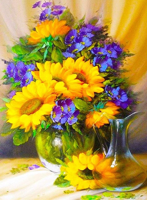 Girasoles y Flores Moradas en Florero de Vidrio Pintar por Números