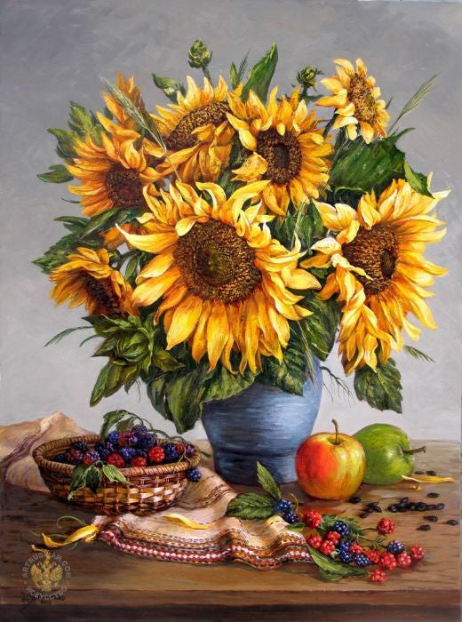 Girasoles y Frutas con Frambuesas Rojas y Negras Pintar por Números