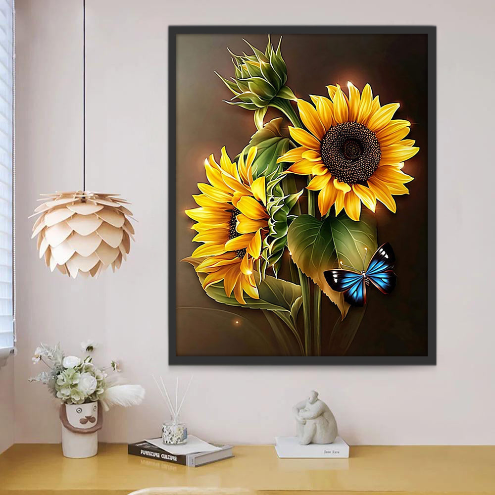 Girasoles y Mariposa Azul en el Fondo Oscuro Pintar por Números