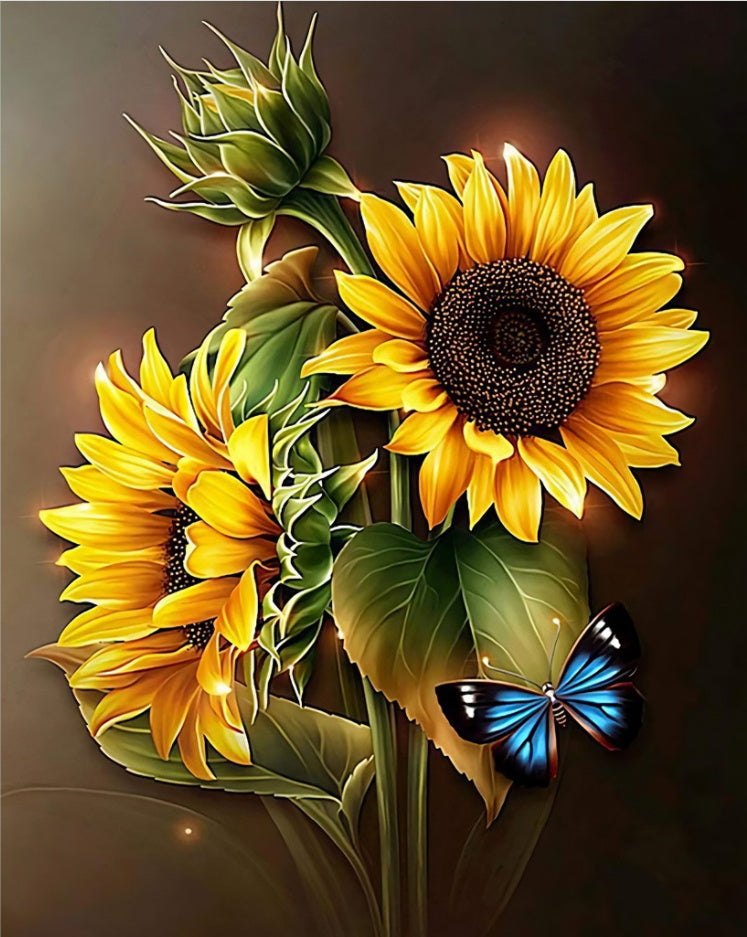 Girasoles y Mariposa Azul en el Fondo Oscuro Pintar por Números