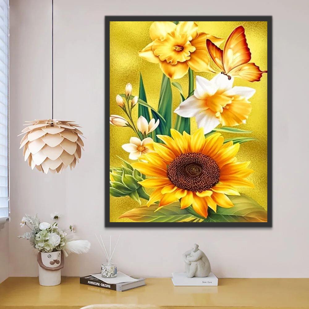 Girasoles y Orquídeas y Mariposa Pintar por Números