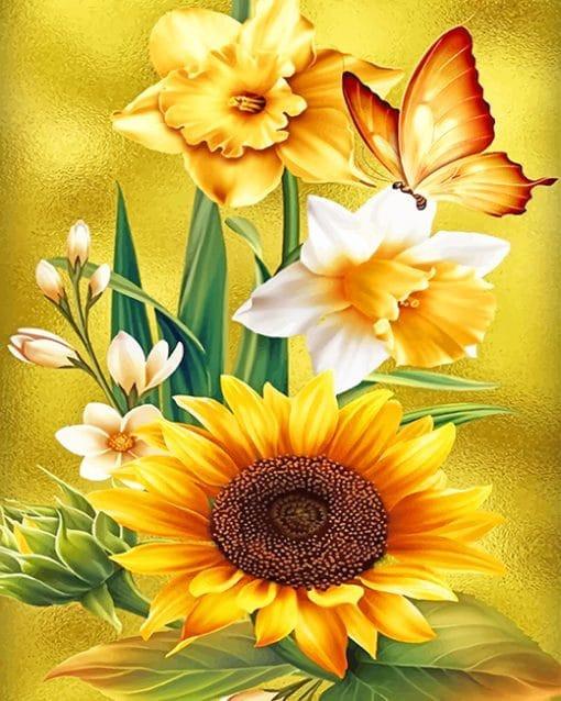 Girasoles y Orquídeas y Mariposa Pintar por Números