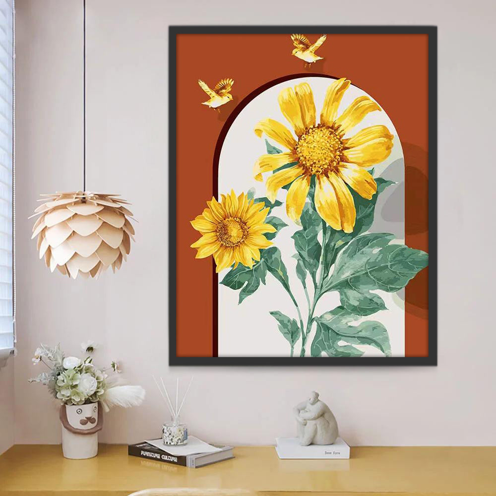 Girasoles y Pájaros y Marco Arqueado Pintar por Números