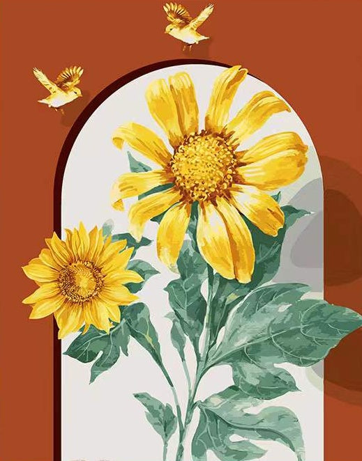 Girasoles y Pájaros y Marco Arqueado Pintar por Números