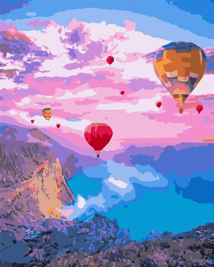 Globos Aerostáticos Flotando sobre Montañas y Lago Pintar por Números