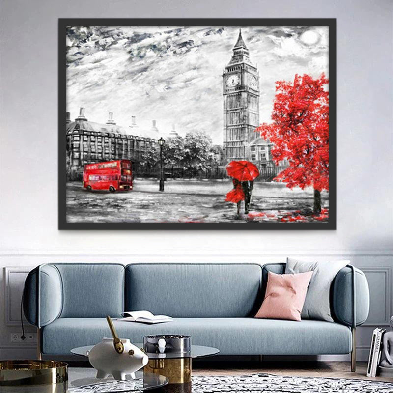 Gran Ben Gris con Árbol Rojo de Otoño Pintar por Números