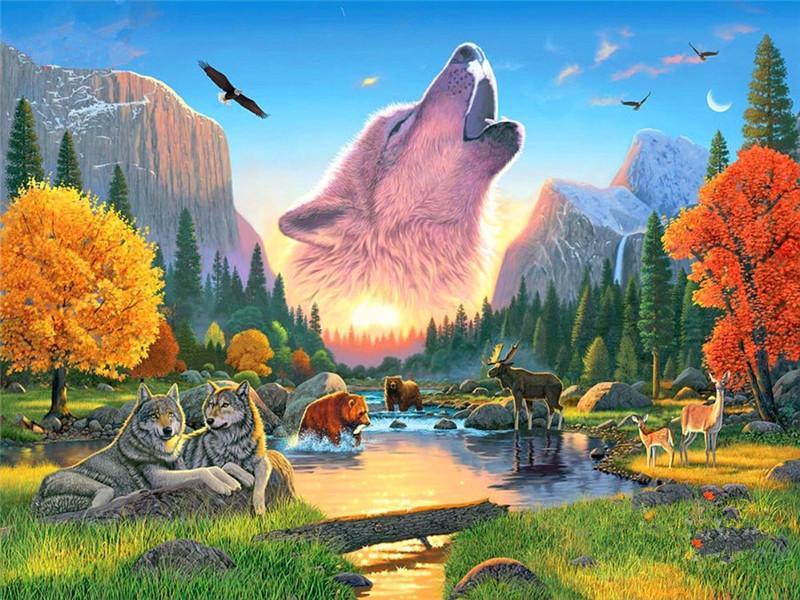 Grito del Lobo en el Cielo y Animales Salvajes en Bosque Pintar por Números