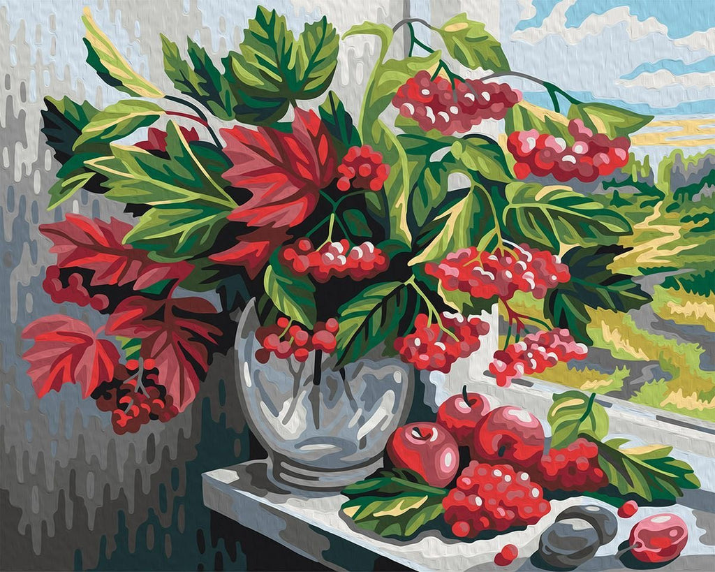 Grosellas Rojas en Florero de Cristal con Frutas sobre Alféizar Pintar por Números
