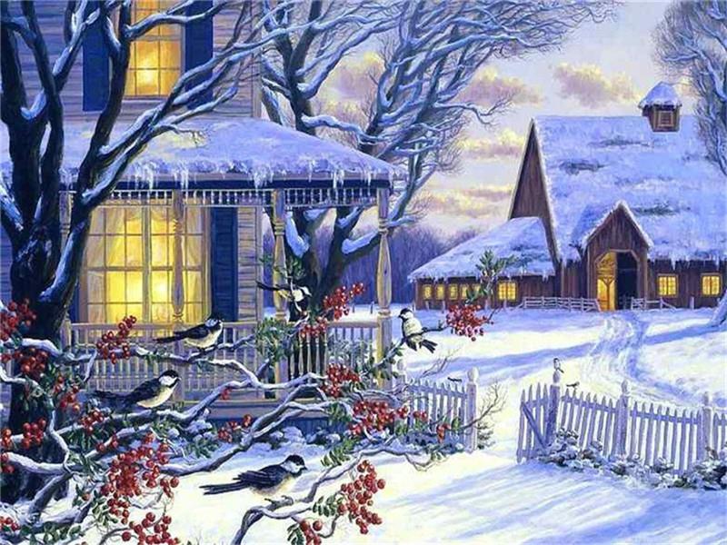Grosellas Rojas y Casas en el Invierno Pintar por Números