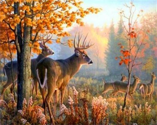 Grupo de Ciervos en Bosque de Otoño Pintar por Números