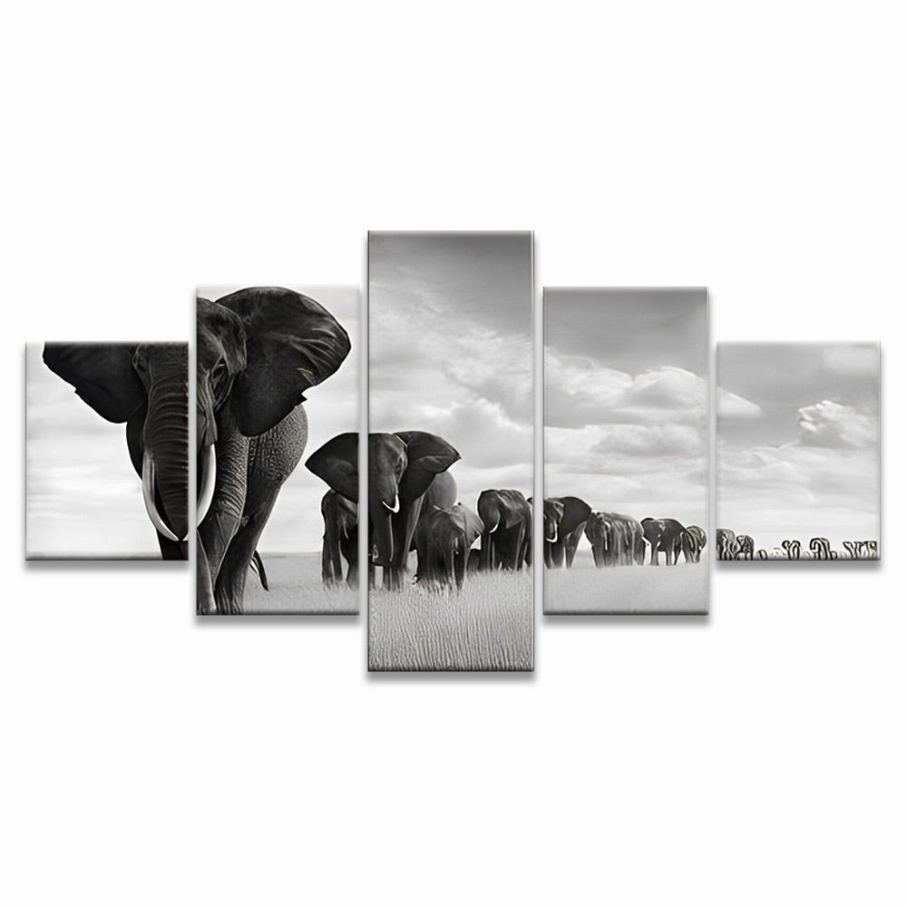Grupo de Elefantes en Blanco y Negro 5 Partes Pintar por Números