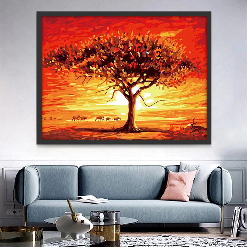Grupo de Elefantes y Árbol Enorme al Atardecer Pintar por Números
