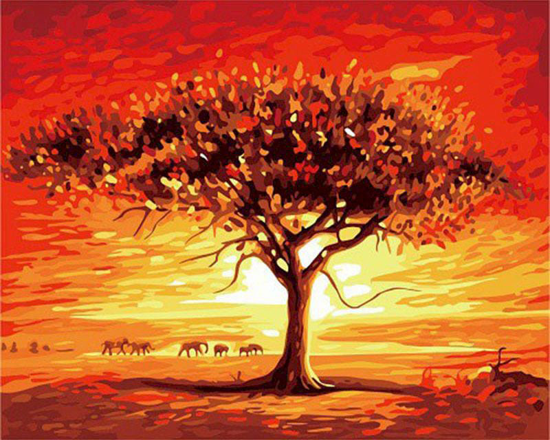Grupo de Elefantes y Árbol Enorme al Atardecer Pintar por Números