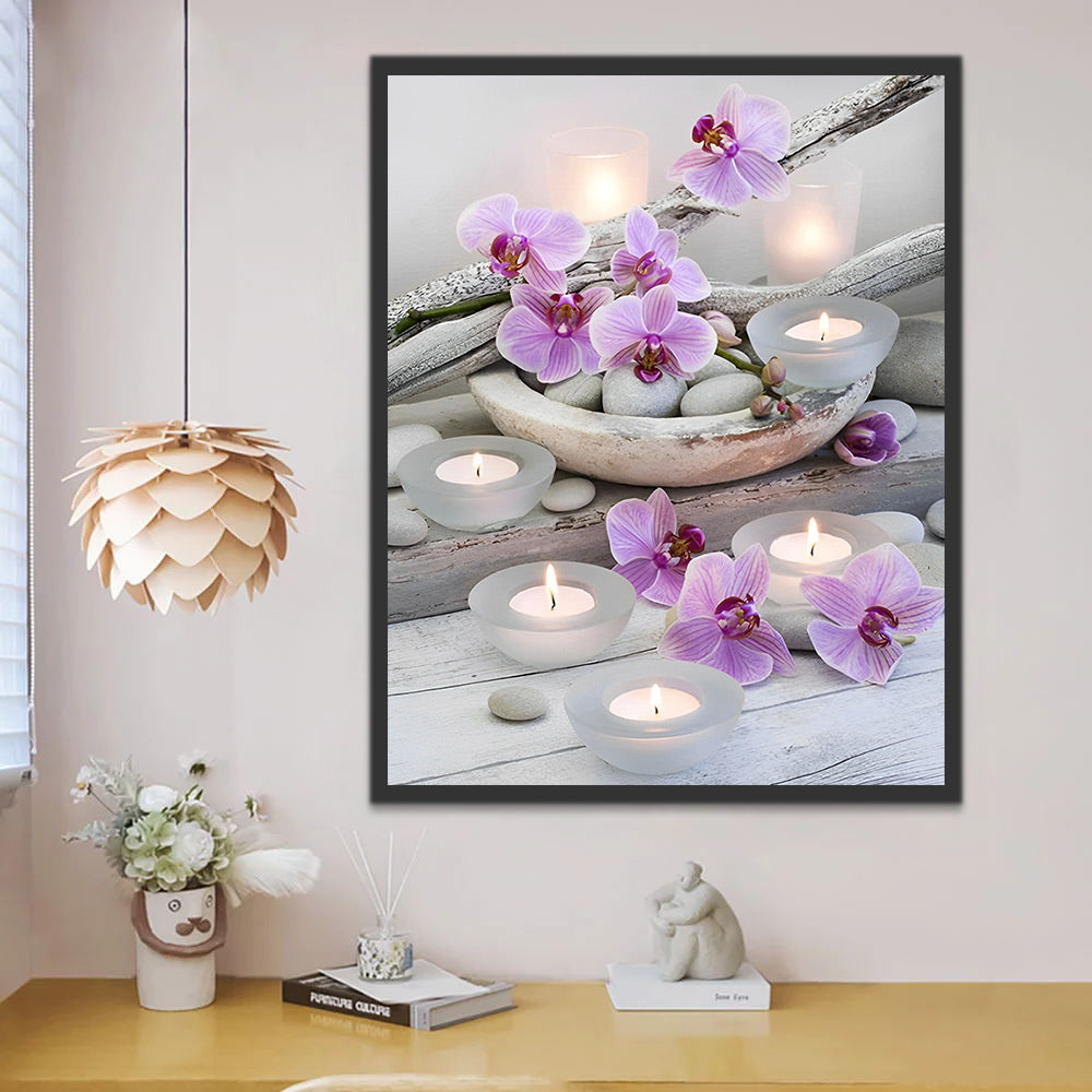 Guijarros Blancos y Orquídeas Moradas y Candelas Pintar por Números