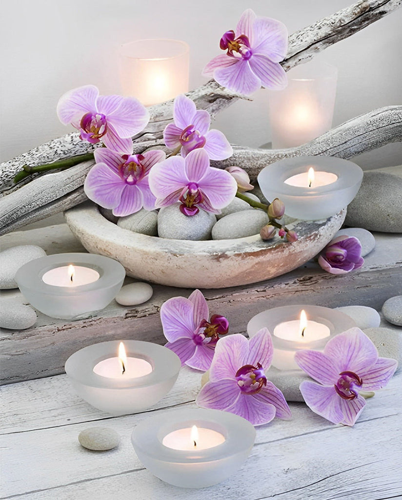 Guijarros Blancos y Orquídeas Moradas y Candelas Pintar por Números
