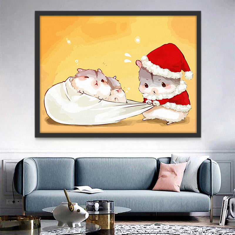 Hámster con Gorro de Papá Noel y Dos Hamsteres Dormidos Pintar por Números