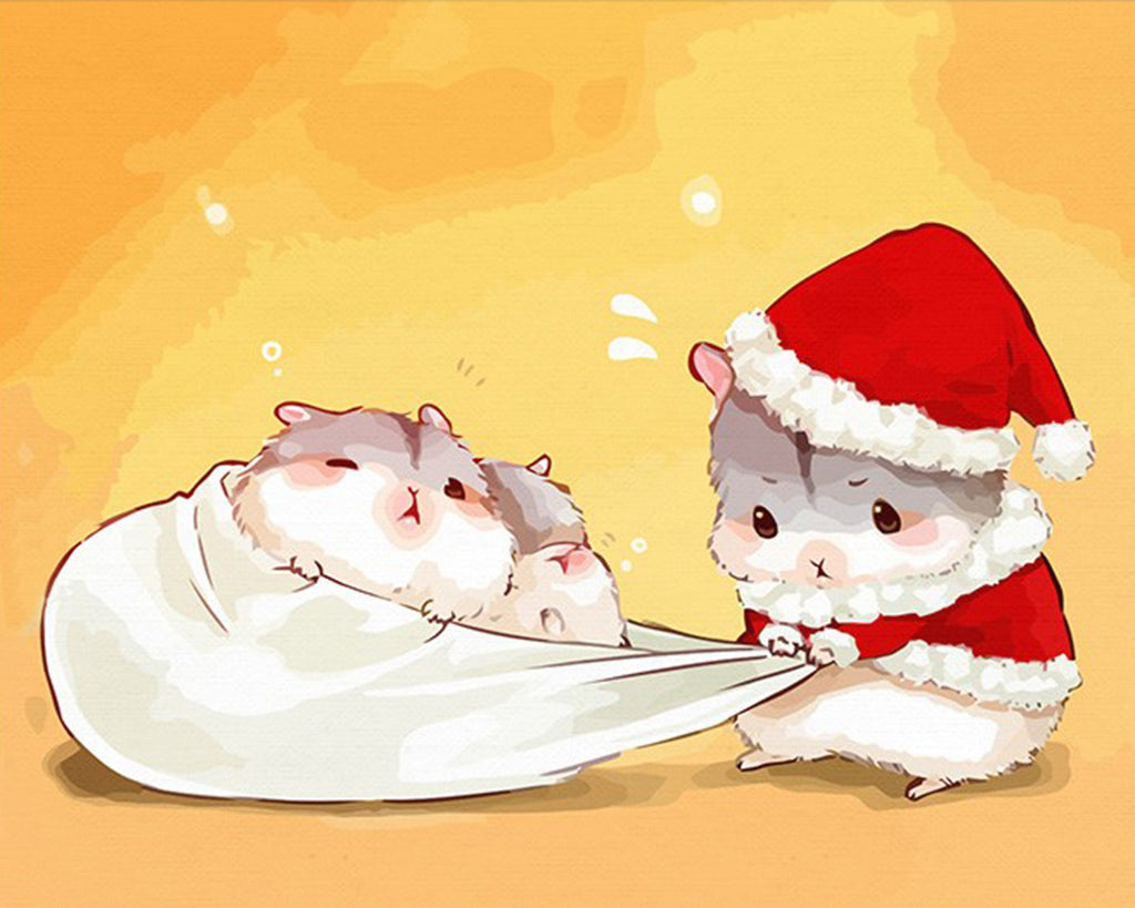 Hámster con Gorro de Papá Noel y Dos Hamsteres Dormidos Pintar por Números