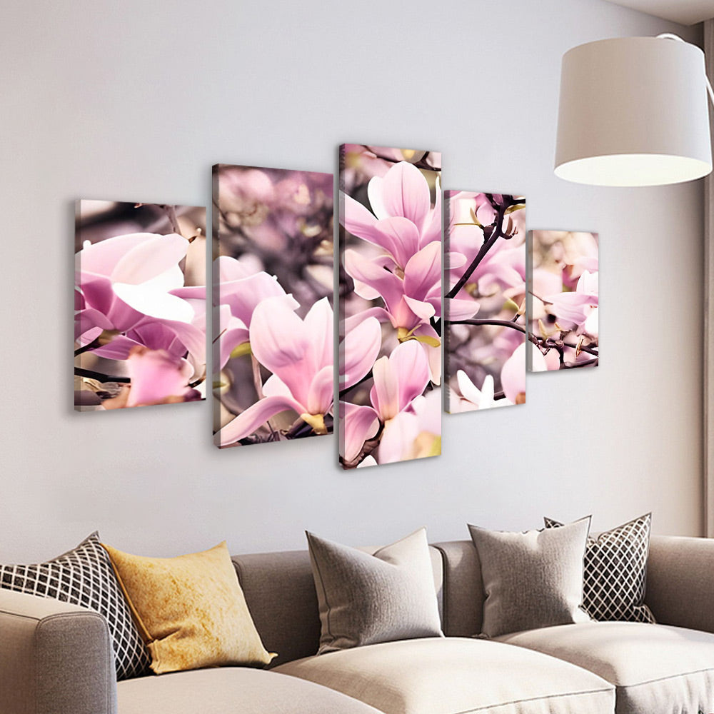 Hermosas Magnolias Rosadas de Primavera 5 Partes Pintar por Números