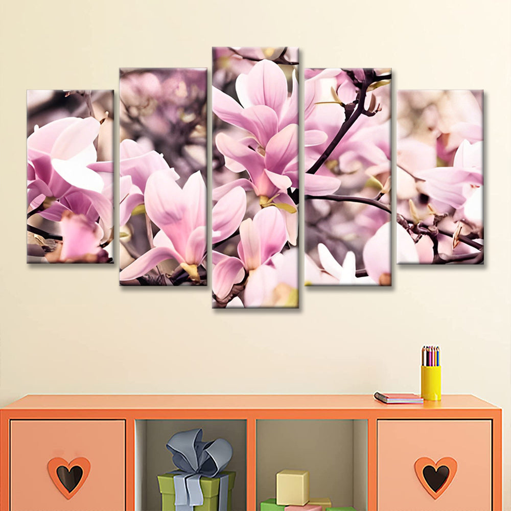 Hermosas Magnolias Rosadas de Primavera 5 Partes Pintar por Números