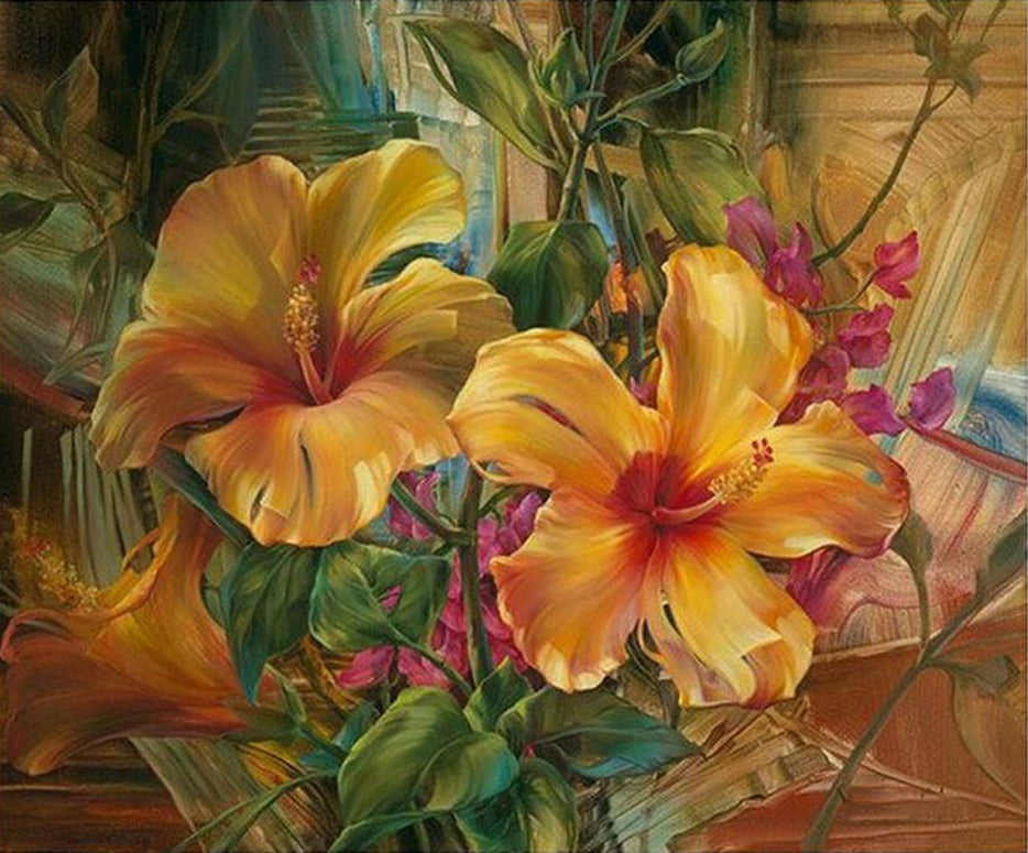Hibisco Amarillo con Hojas Verdes Pintar por Números