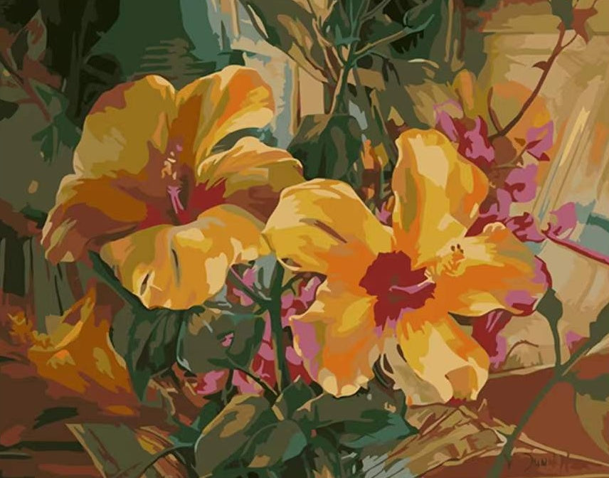 Hibisco Amarillo y Flores Moradas Pequeñas Pintar por Números