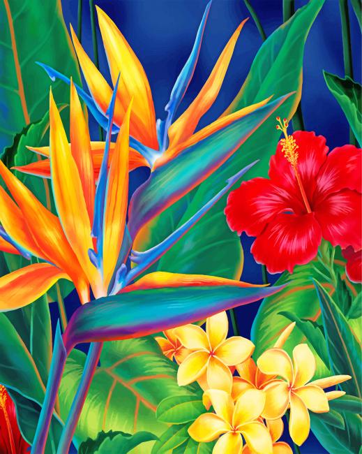 Hibisco Rojo y Plumerias Amarillas y Hojas Verdes Pintar por Números