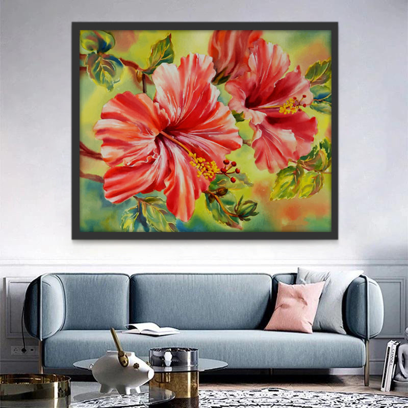 Hibiscos Rojos de Hojas Verdes en el Fondo Difuso Pintar por Números