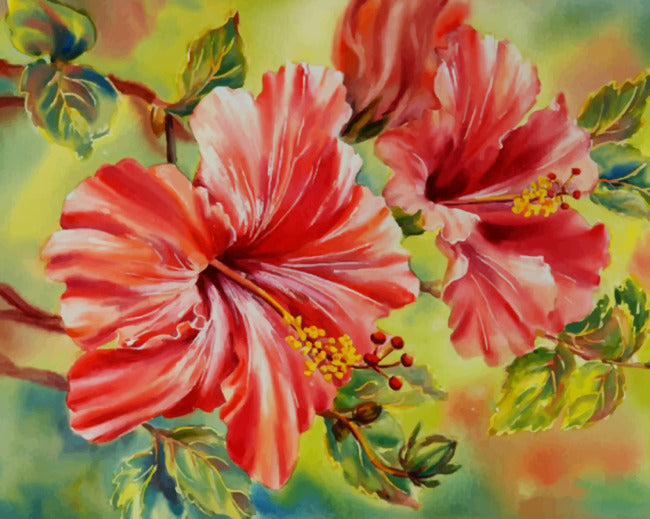 Hibiscos Rojos de Hojas Verdes en el Fondo Difuso Pintar por Números
