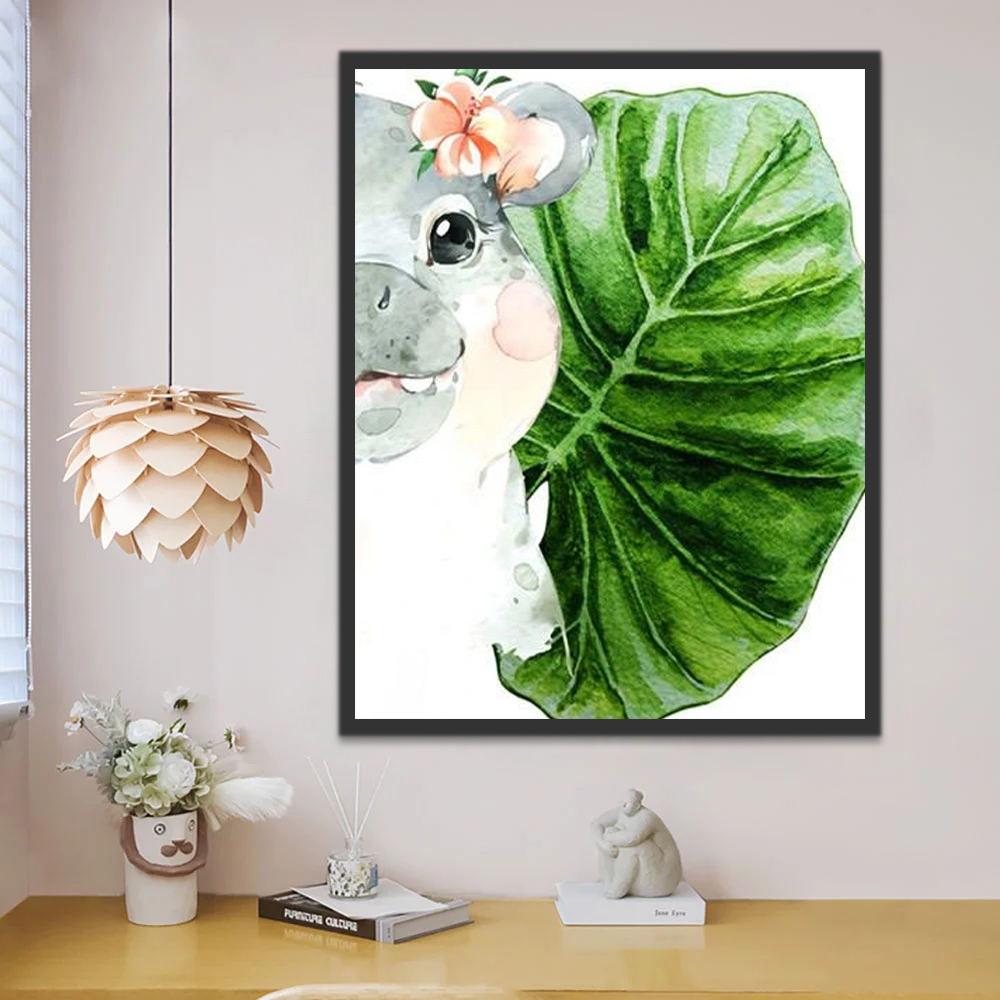 Hipopótama Hermosa y Flores y Hoja Verde Pintar por Números