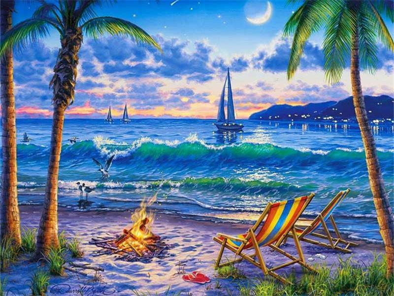 Hoguera en Playa y Barcos en Mar Pintar por Números