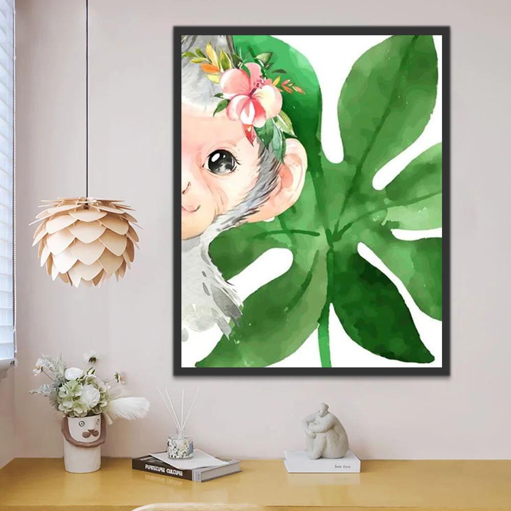 Hoja Verde y Mono Lindo con Flores Pintar por Números
