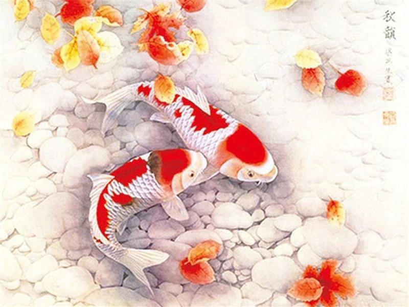 Hojas de Otoño con Pez Koi Blanco y Rojo Pintar por Números