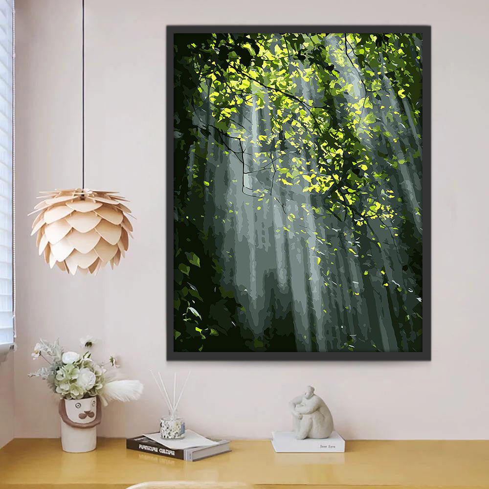 Hojas Verdes al Sol en el Bosque Oscuro Pintar por Números