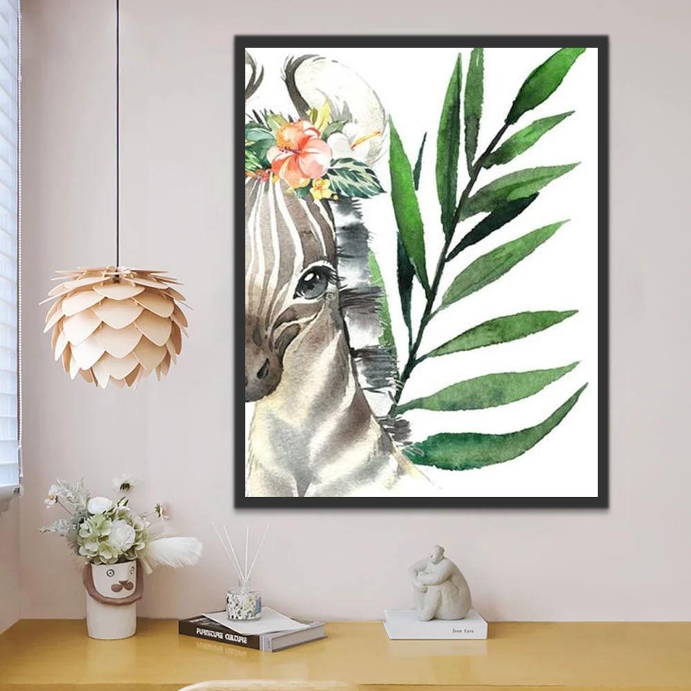 Hojas Verdes y Cebra Pequeña con Corona de Flores Pintar por Números