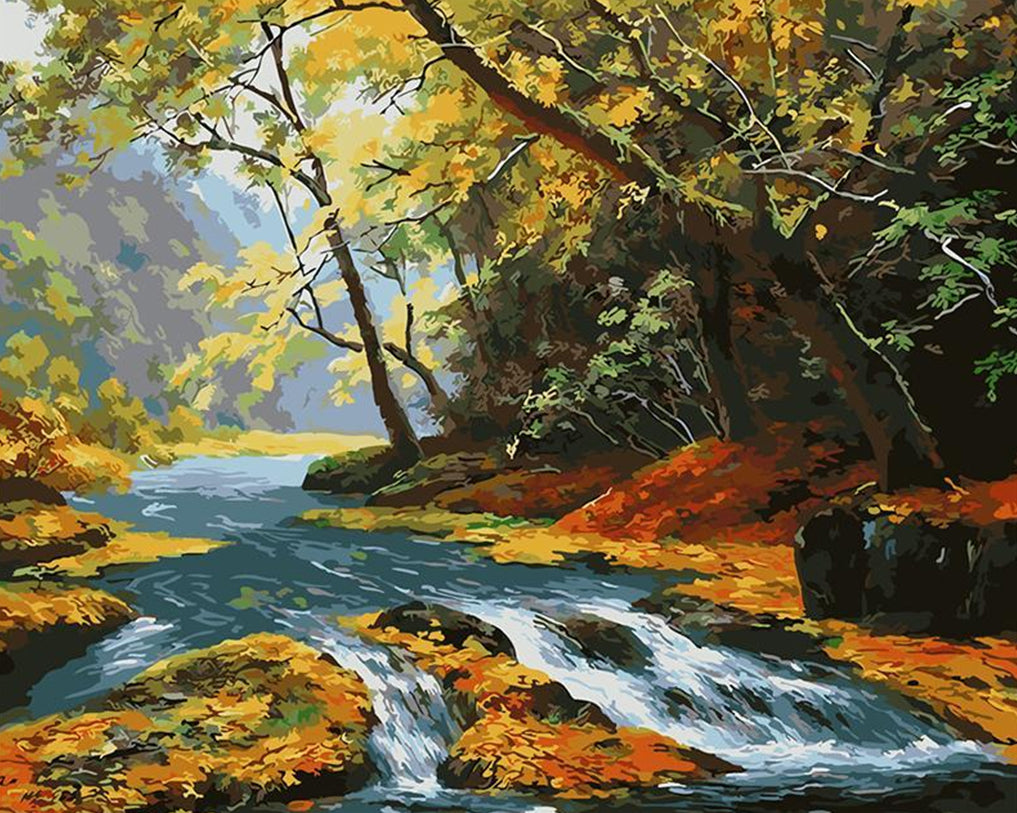 Hojas y Rocas en el Arroyo de Otoño Pintar por Números