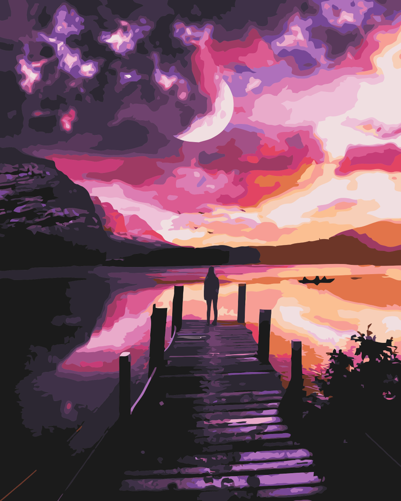 Hombre sobre Puente de Lago en la Noche Pintar por Números