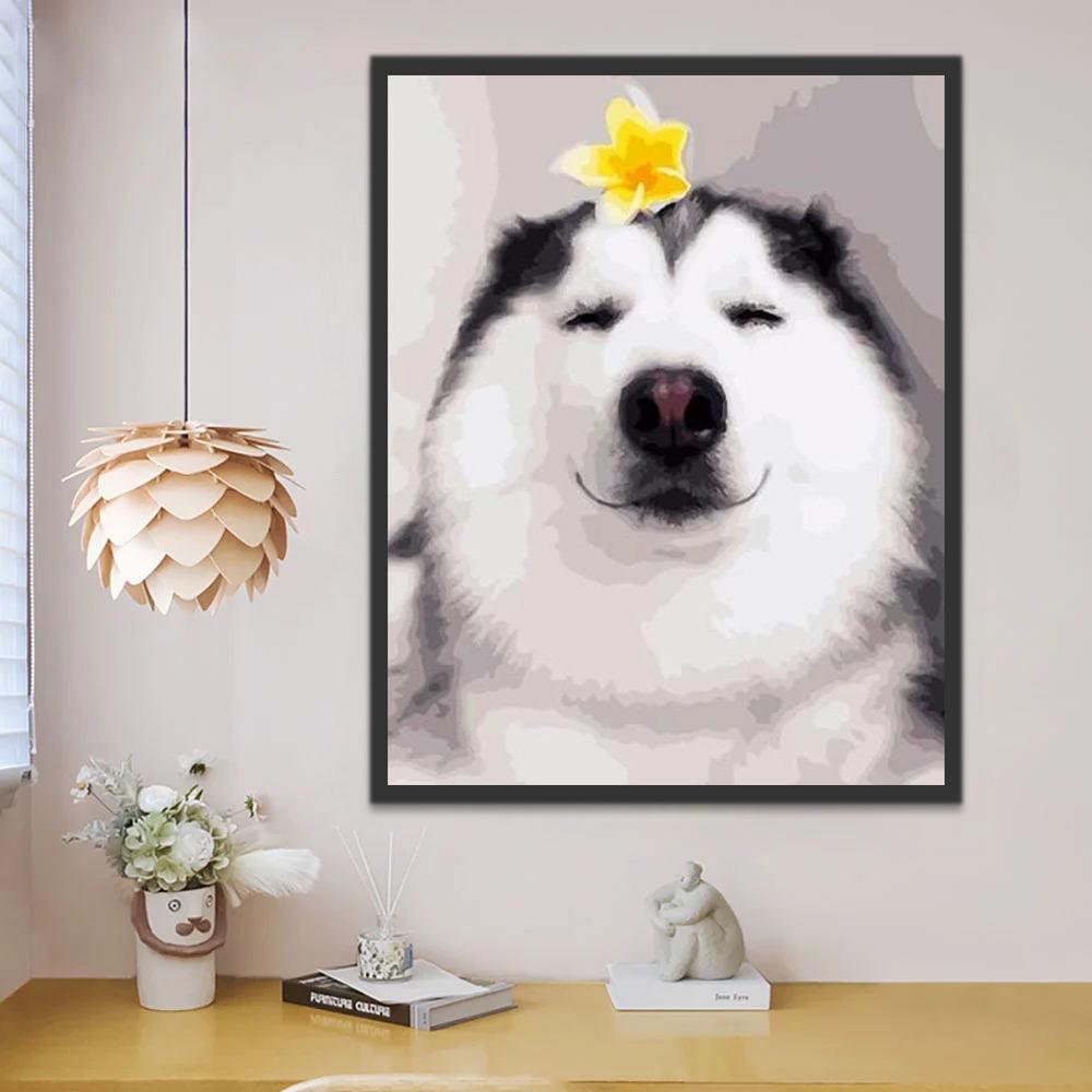 Husky y una Flor Amarilla Pintar por Números