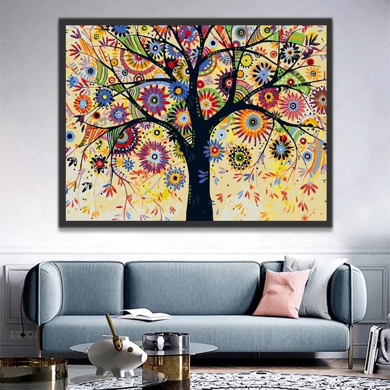 Ilustración de Árbol Colorido con Flores Pintar por Números