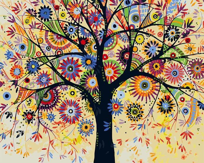 Ilustración de Árbol Colorido con Flores Pintar por Números