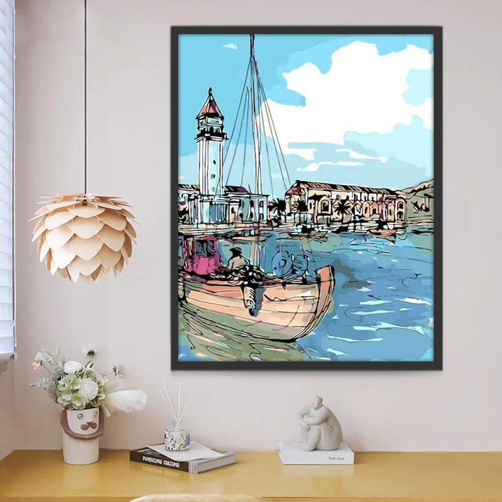 Ilustración de Barco y Pueblo Costero Pintar por Números