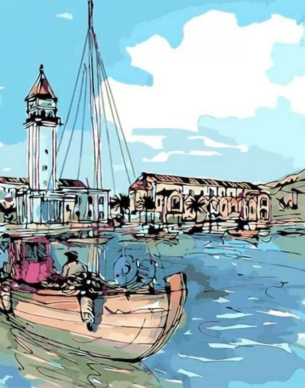 Ilustración de Barco y Pueblo Costero Pintar por Números