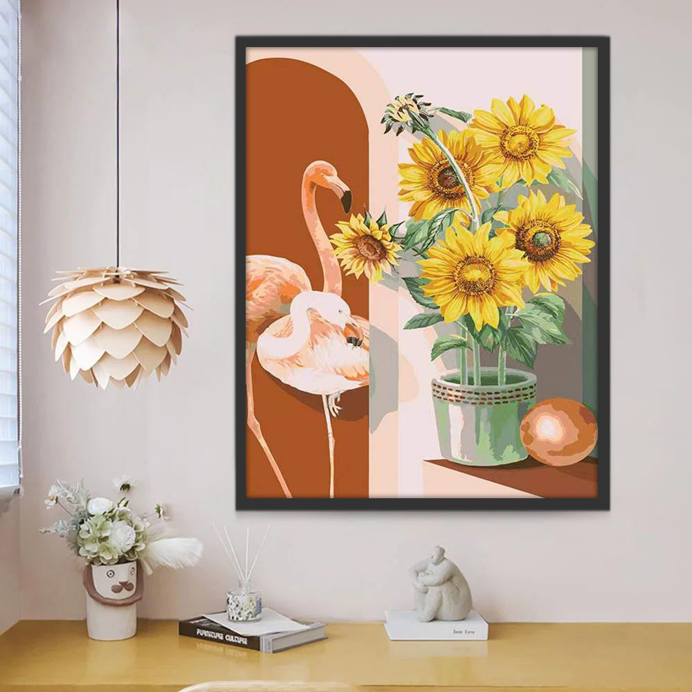 Ilustración de Flamencos Rojos y Girasoles Pintar por Números