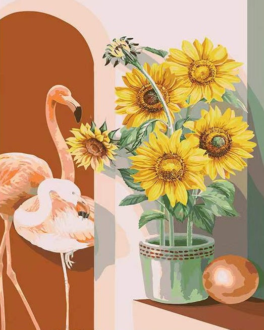 Ilustración de Flamencos Rojos y Girasoles Pintar por Números