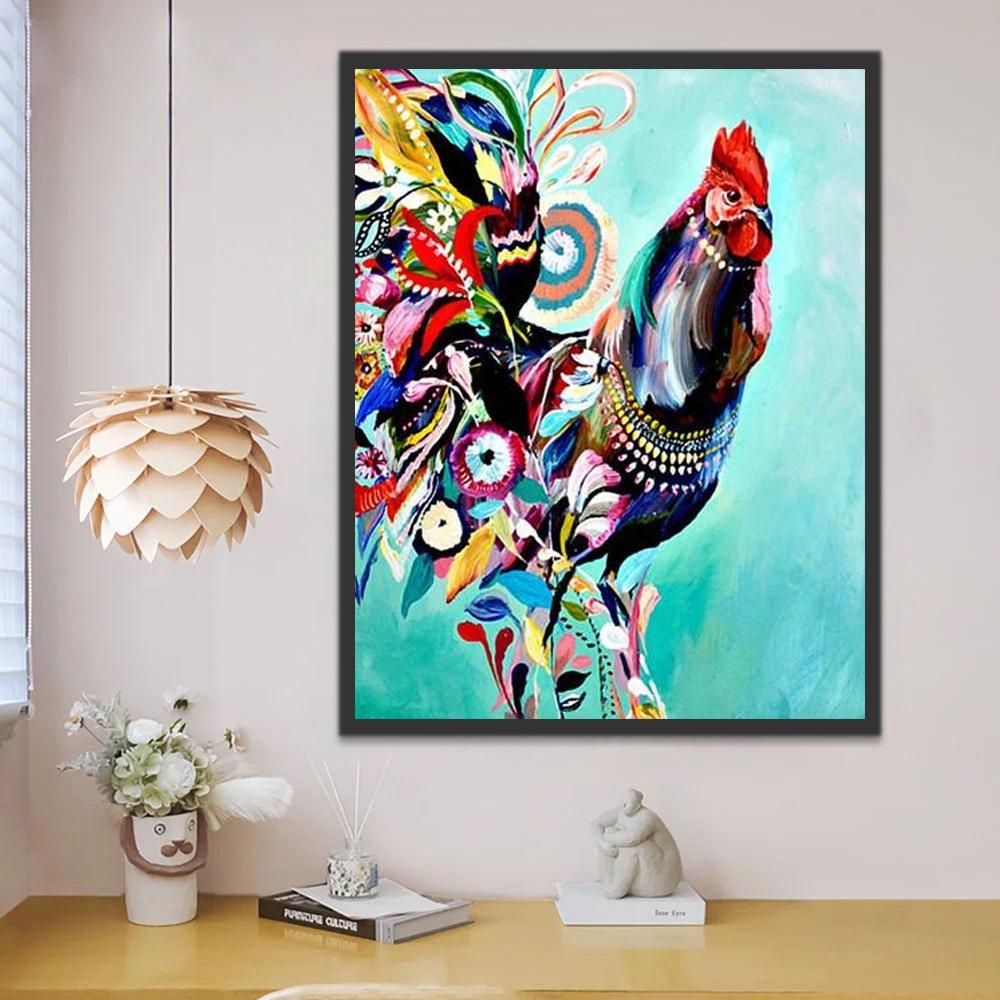 Ilustración de Gallo de Cola Abstracta y Colorida Pintar por Números
