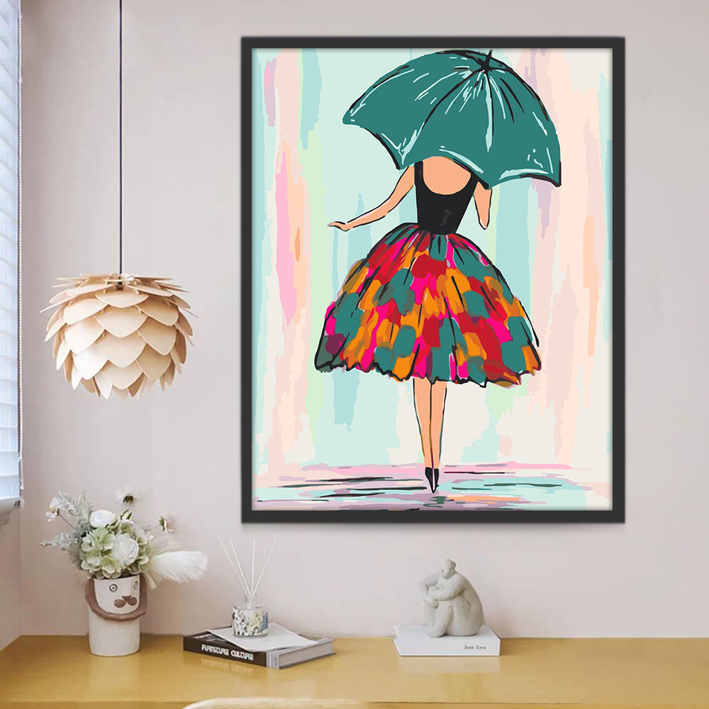 Ilustración de Mujer y Paraguas Verde Pintar por Números