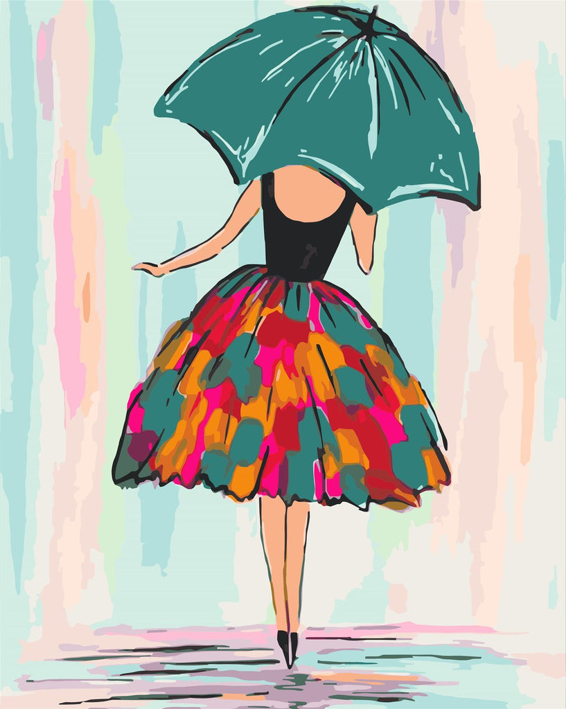 Ilustración de Mujer y Paraguas Verde Pintar por Números
