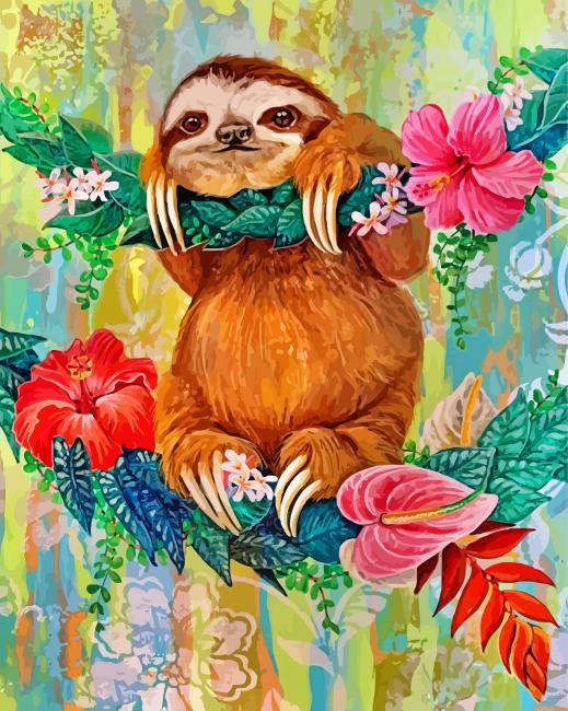 Ilustración del Oso Perezoso y Hojas Verdes Pintar por Números